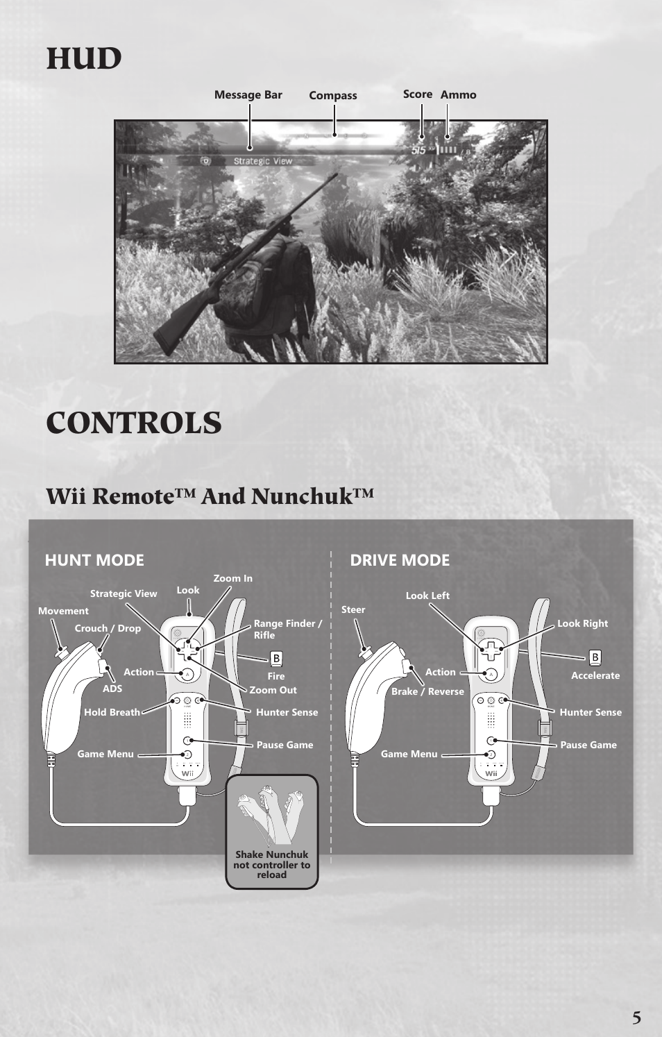 Controls, Wii remote™ and nunchuk, Hunt mode drive mode | Activision Cabela's Dangerous Hunts 2013 User Manual | Page 5 / 8