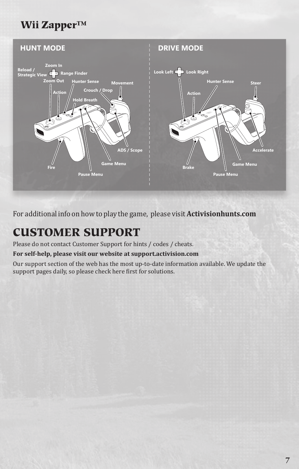 Customer support, Wii zapper, Hunt mode drive mode | Activision Cabela's Dangerous Hunts 2013 User Manual | Page 7 / 8