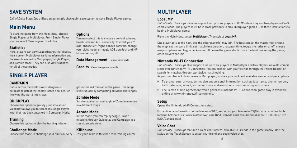 Save system, Single player, Main menu | Multiplayer | Activision Call of Duty: Black Ops User Manual | Page 5 / 9