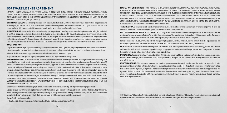 Software license agreement | Activision Call of Duty: Black Ops User Manual | Page 9 / 9