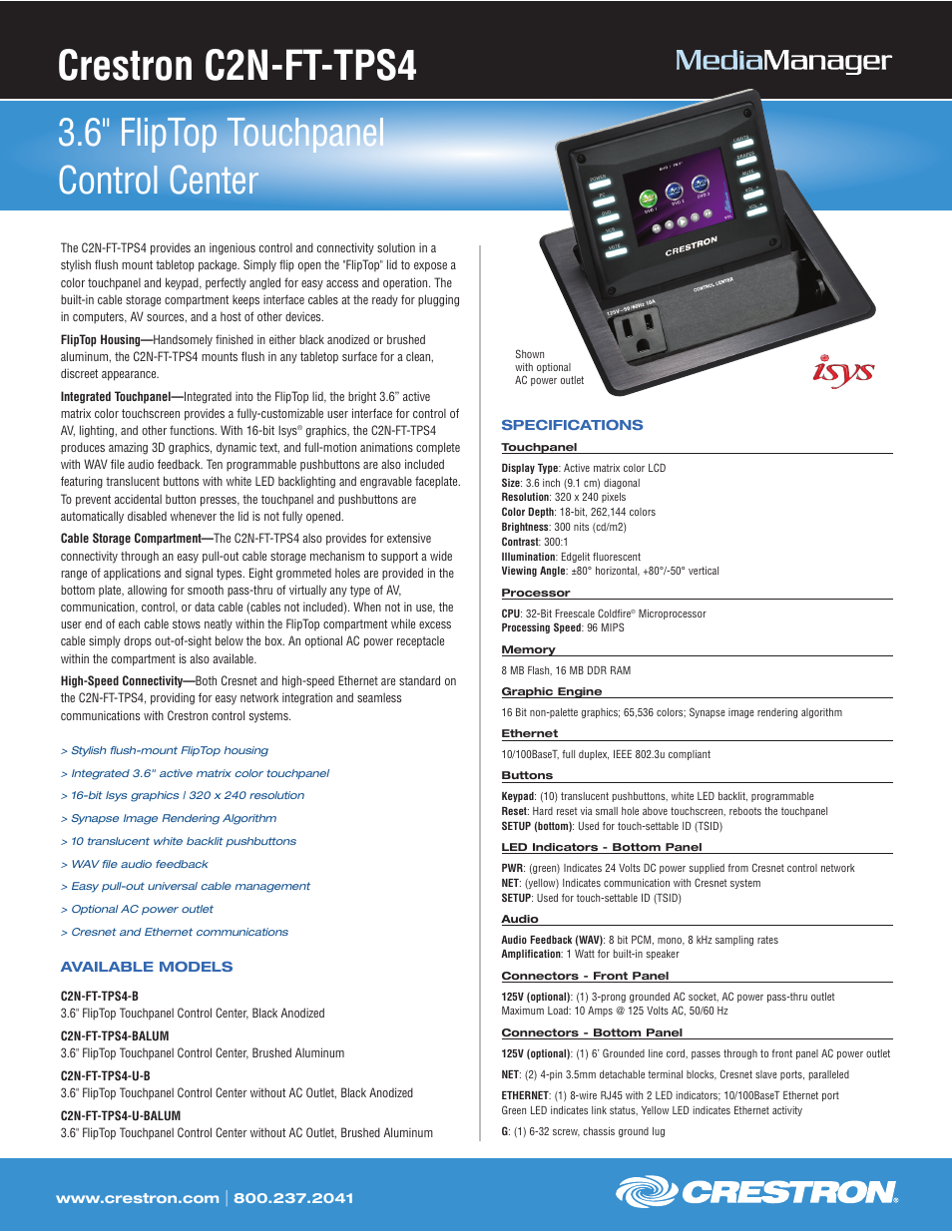 Crestron electronic 3.6" FlipTop Touchpanel Control Center C2N-FT-TPS4 User Manual | 2 pages