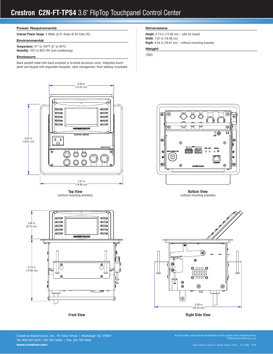 Crestron electronic 3.6" FlipTop Touchpanel Control Center C2N-FT-TPS4 User Manual | Page 2 / 2