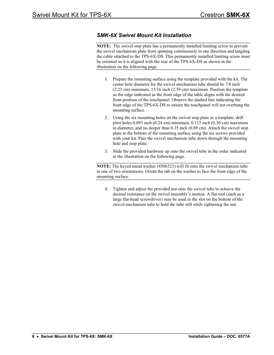 Swivel mount kit for tps-6x crestron smk-6x | Crestron electronic SMK-6X User Manual | Page 10 / 16