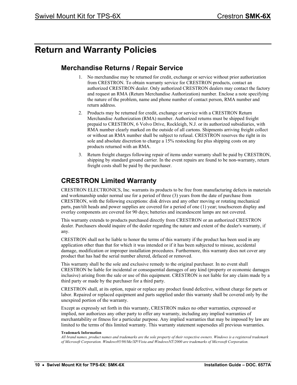 Return and warranty policies, Merchandise returns / repair service, Crestron limited warranty | Swivel mount kit for tps-6x crestron smk-6x | Crestron electronic SMK-6X User Manual | Page 14 / 16