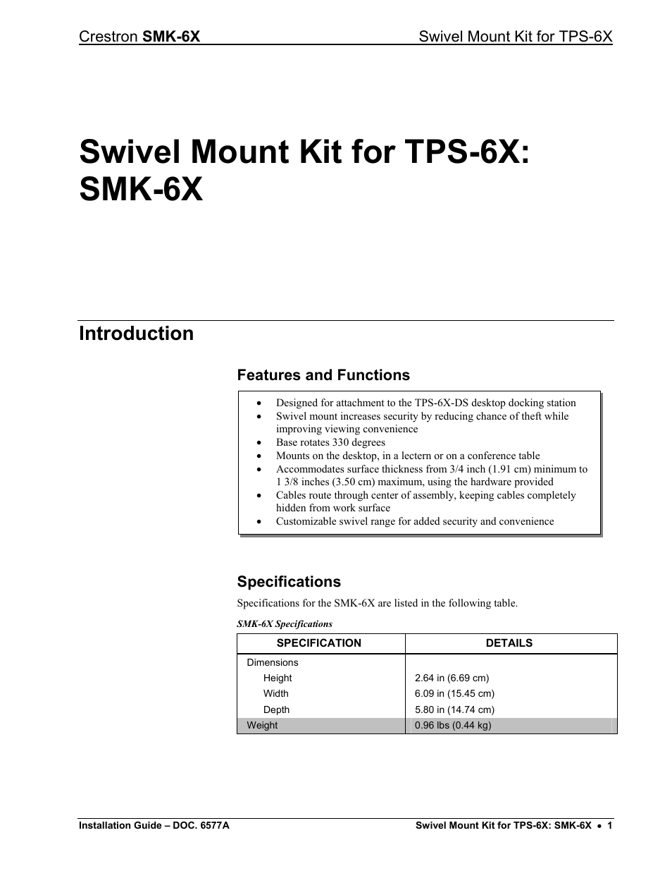 Swivel mount kit for tps-6x: smk-6x, Introduction, Features and functions | Specifications, Crestron smk-6x swivel mount kit for tps-6x | Crestron electronic SMK-6X User Manual | Page 5 / 16