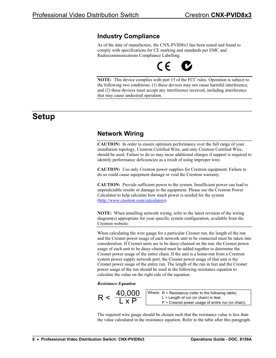 Industry compliance, Setup, Network wiring | Crestron electronic CNX-PVID8x3 User Manual | Page 12 / 48