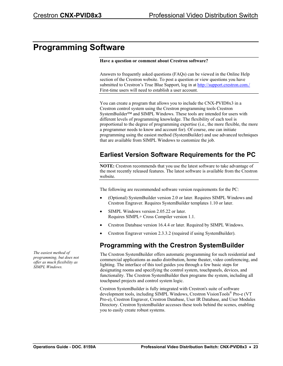 Programming software, Earliest version software requirements for the pc, Programming with the crestron systembuilder | Crestron electronic CNX-PVID8x3 User Manual | Page 27 / 48