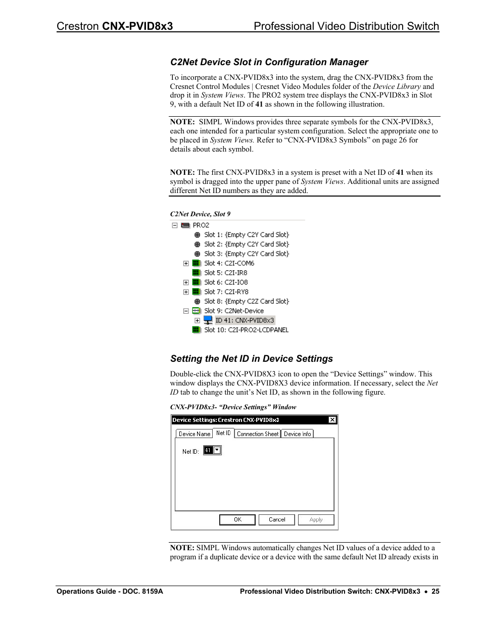 C2net device slot in configuration manager, Setting the net id in device settings, Setting the net id in device settings” o | 25 for d | Crestron electronic CNX-PVID8x3 User Manual | Page 29 / 48