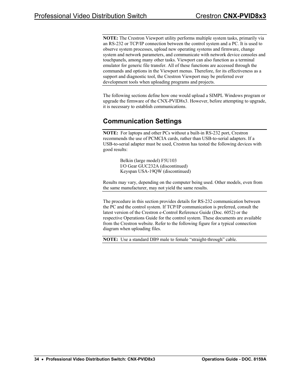 Communication settings, Communication settings ” o | Crestron electronic CNX-PVID8x3 User Manual | Page 38 / 48