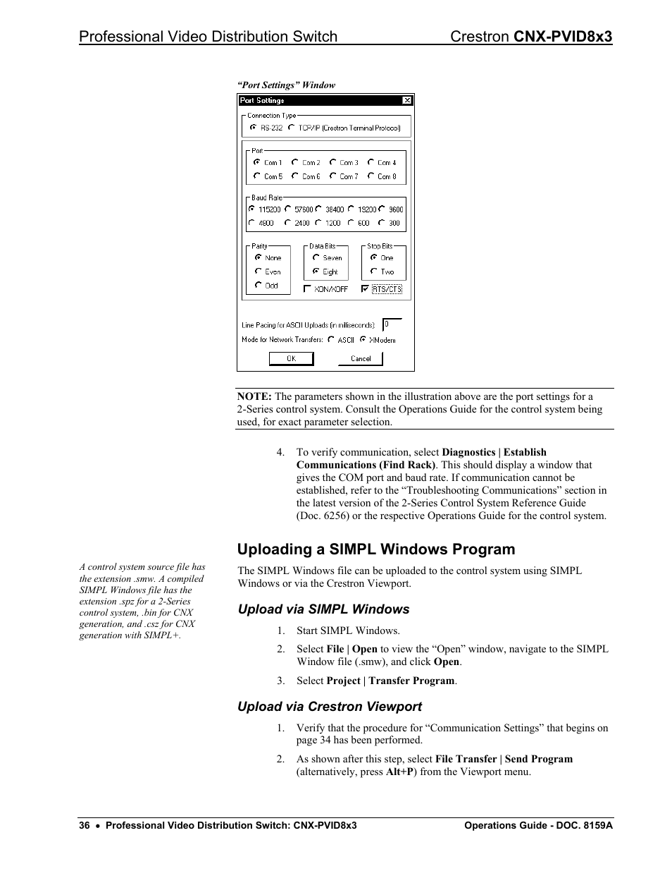 Uploading a simpl windows program, Upload via simpl windows, Upload via crestron viewport | Crestron electronic CNX-PVID8x3 User Manual | Page 40 / 48