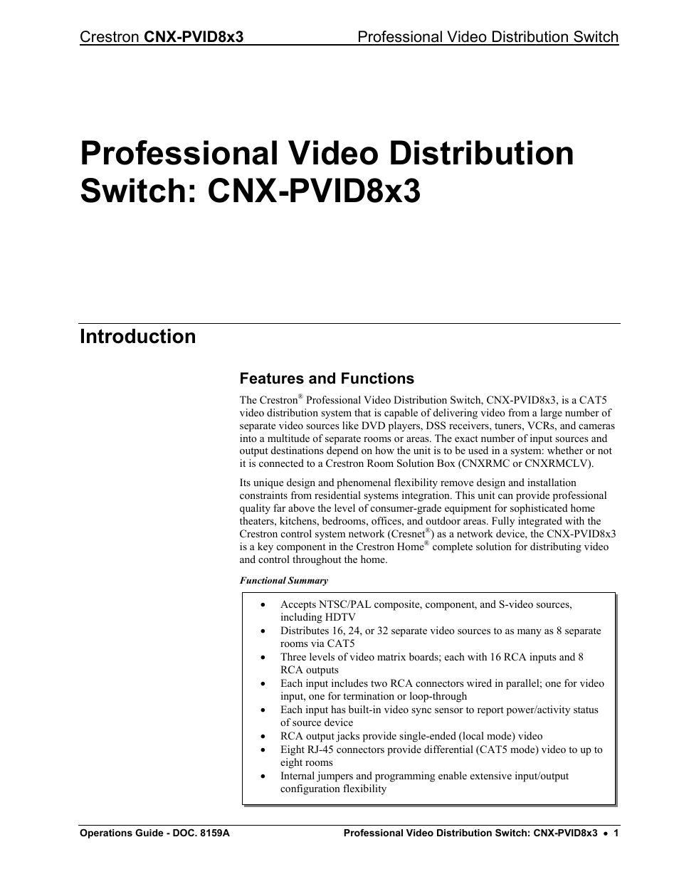 Introduction, Features and functions | Crestron electronic CNX-PVID8x3 User Manual | Page 5 / 48