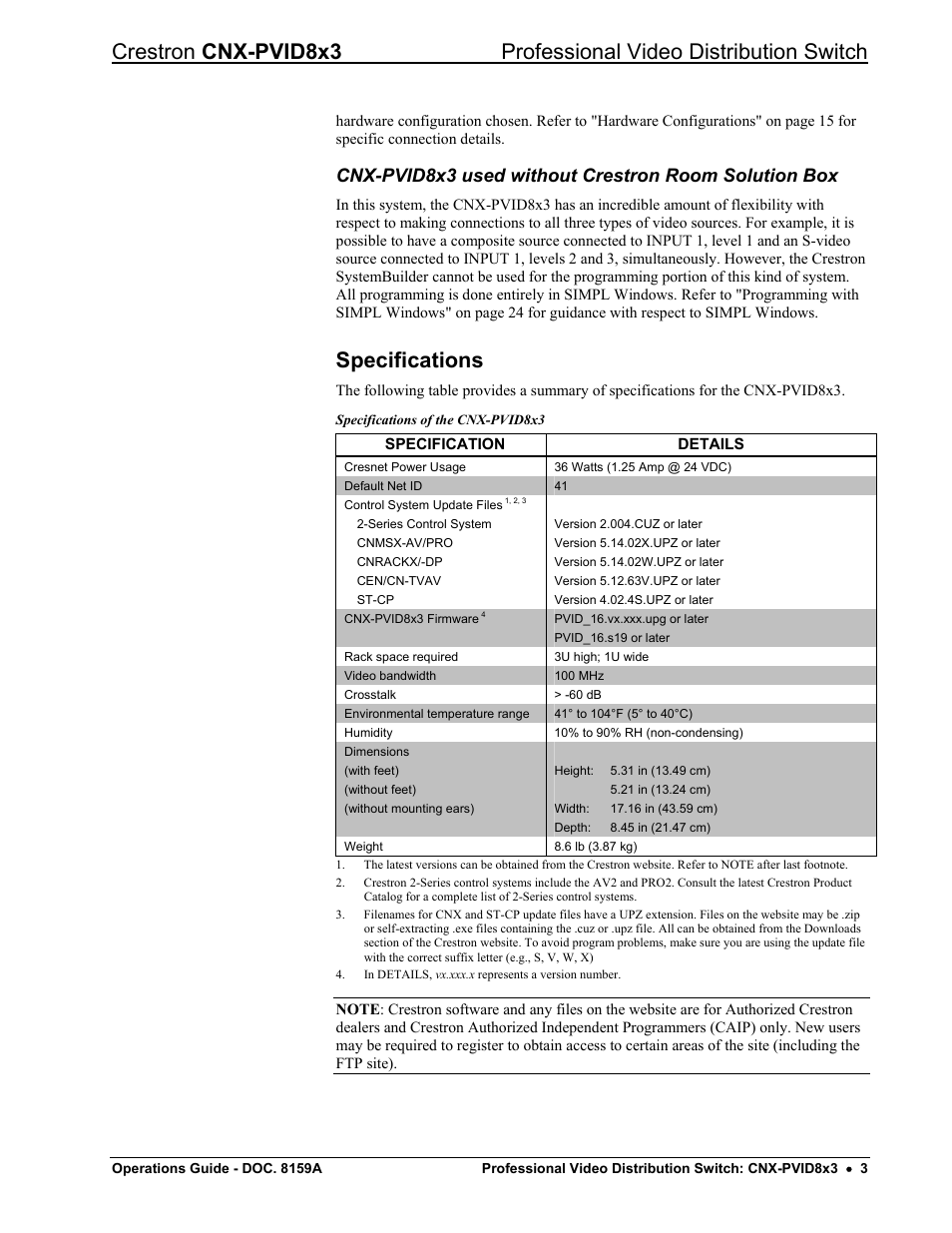 Specifications | Crestron electronic CNX-PVID8x3 User Manual | Page 7 / 48