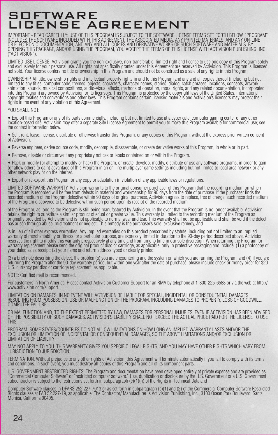 Software license agreement | Activision Call of Duty: Black Ops II User Manual | Page 25 / 26
