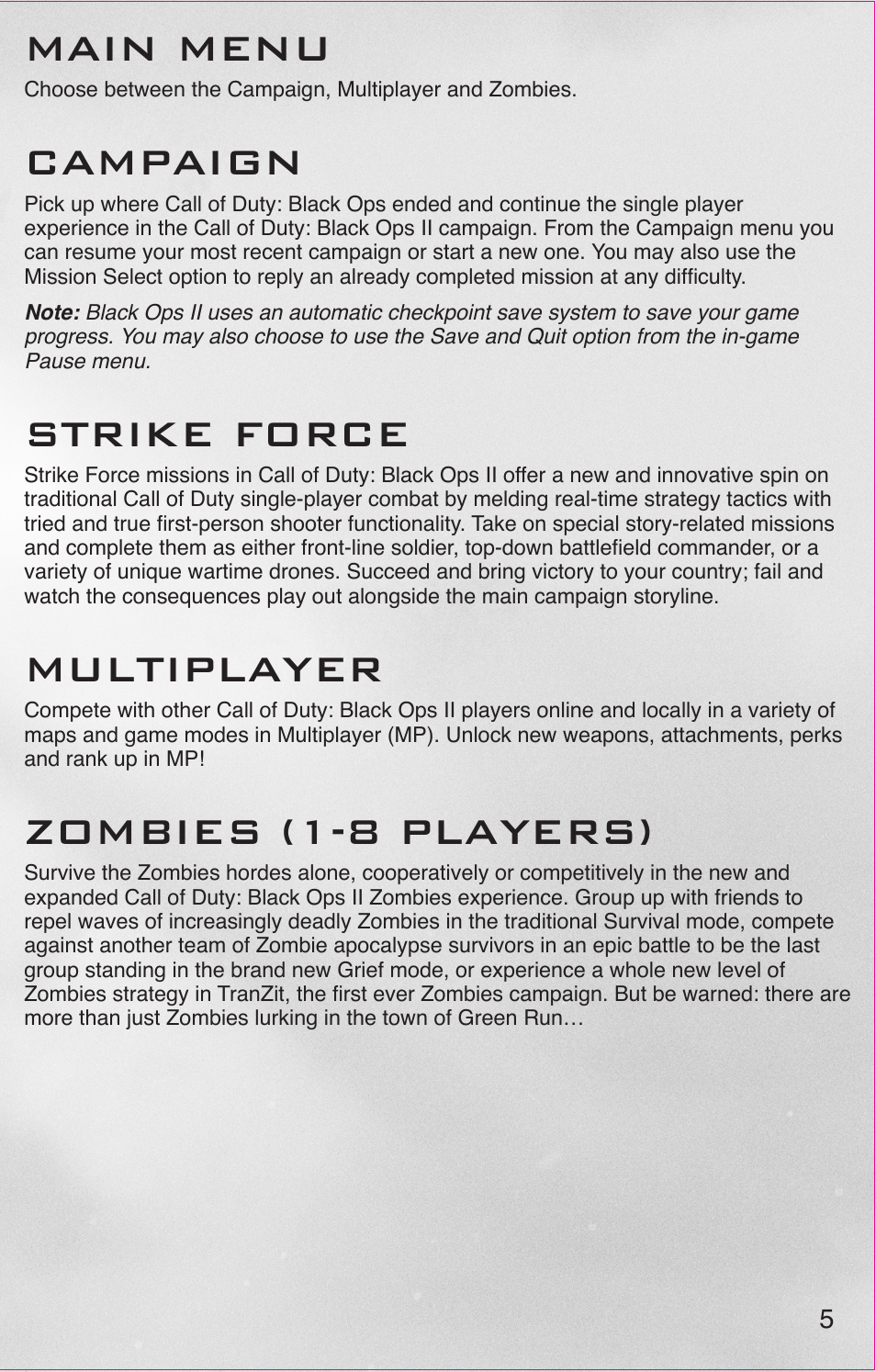 Main menu, Campaign, Strike force | Multiplayer, Zombies (1-8 players) | Activision Call of Duty: Black Ops II User Manual | Page 6 / 26