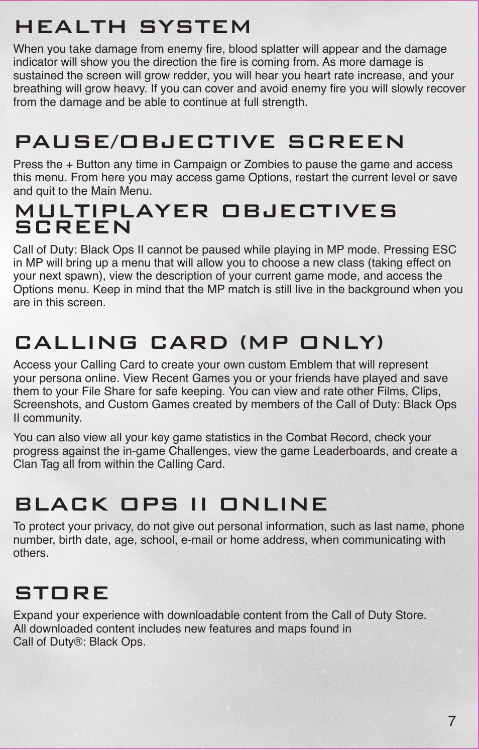Health system, Pause/objective screen, Multiplayer objectives screen | Calling card (mp only), Black ops ii online, Store | Activision Call of Duty: Black Ops II User Manual | Page 8 / 26