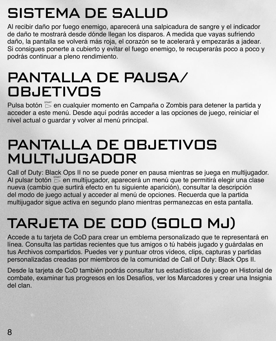 Sistema de salud, Pantalla de pausa/ objetivos, Pantalla de objetivos multijugador | Tarjeta de cod (solo mj) | Activision Call of Duty: Black Ops II User Manual | Page 10 / 34
