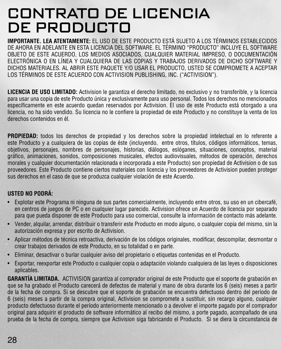 Contrato de licencia de producto | Activision Call of Duty: Black Ops II User Manual | Page 30 / 34