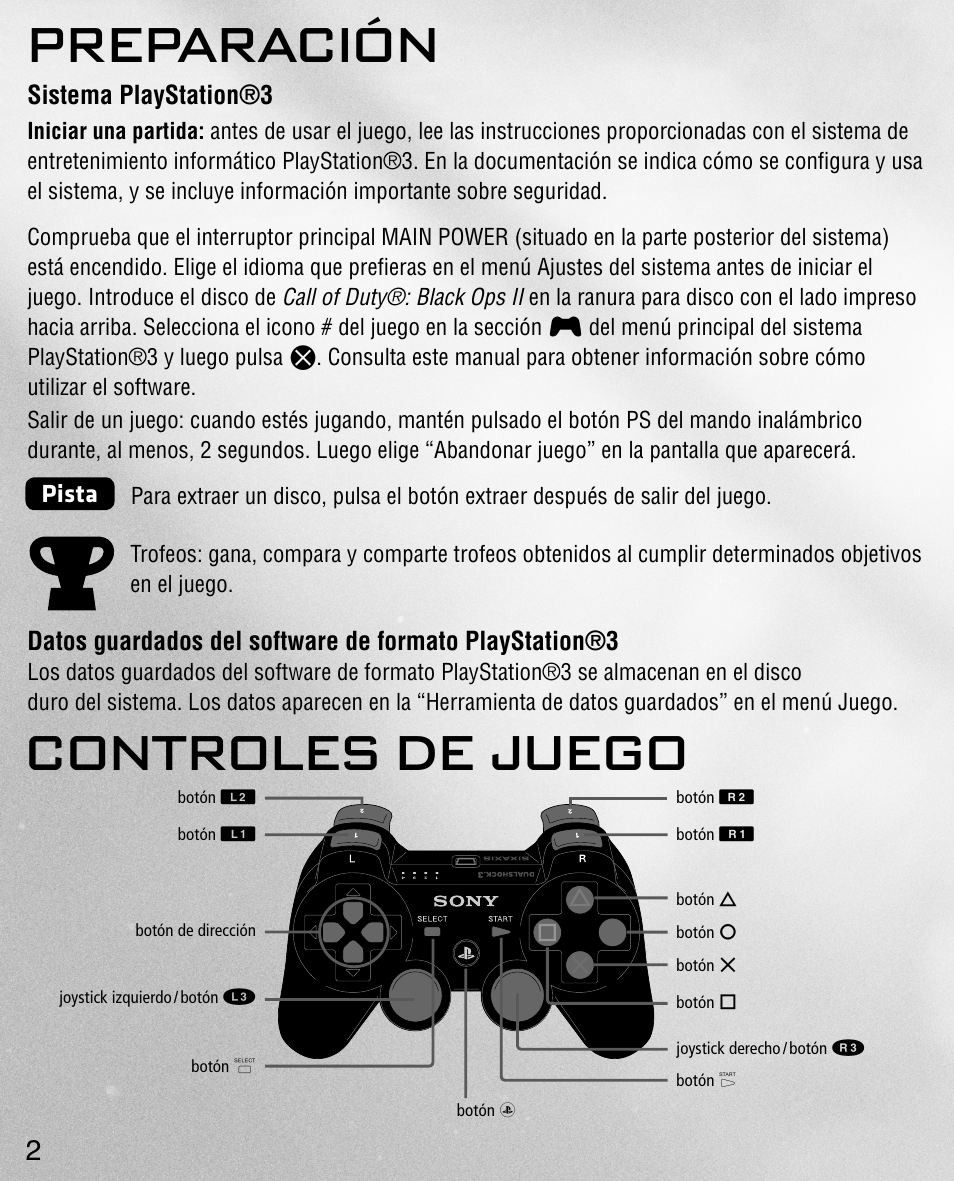 Controles de juego, Preparación | Activision Call of Duty: Black Ops II User Manual | Page 4 / 34