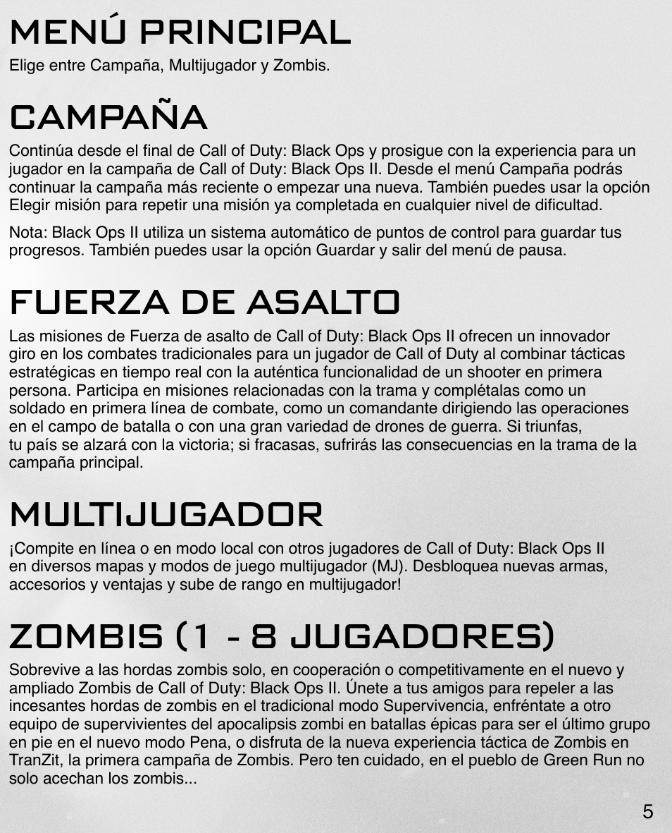 Menú principal, Campaña, Fuerza de asalto | Multijugador, Zombis (1 - 8 jugadores) | Activision Call of Duty: Black Ops II User Manual | Page 7 / 34