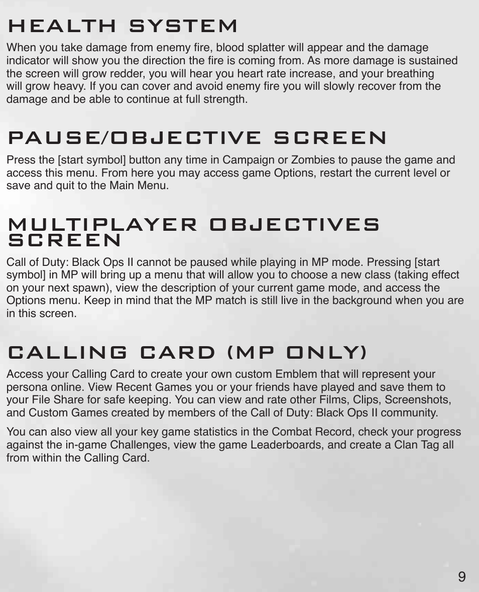 Health system, Pause/objective screen, Multiplayer objectives screen | Calling card (mp only) | Activision Call of Duty: Black Ops II User Manual | Page 10 / 33