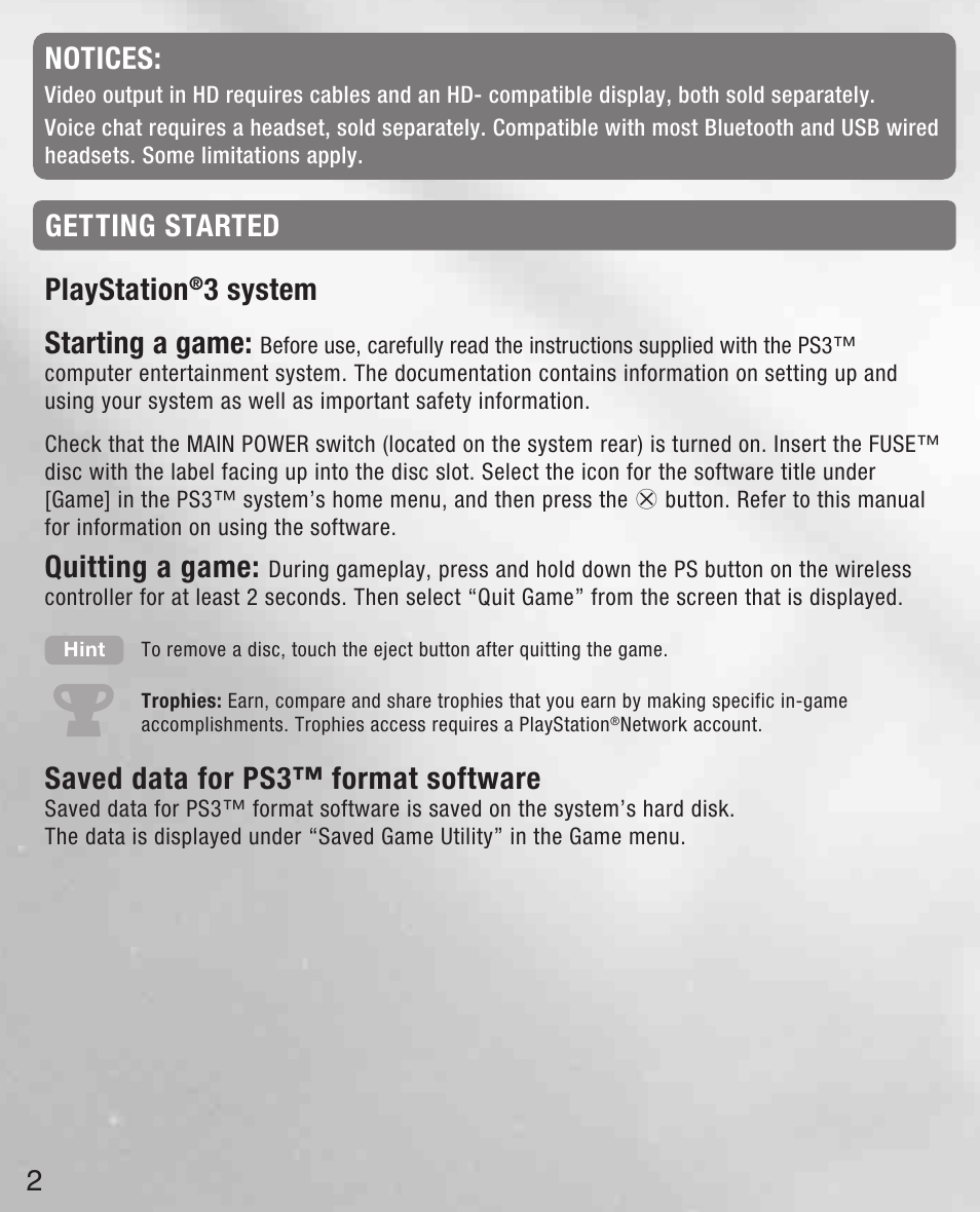 Playstation, 3 system getting started starting a game, Quitting a game | Saved data for ps3™ format software, Notices | Activision Call of Duty: Black Ops II User Manual | Page 3 / 33