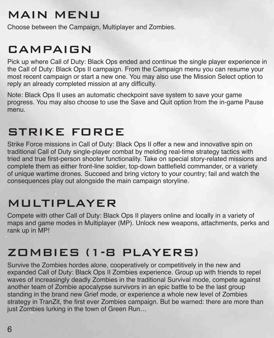 Main menu, Campaign, Strike force | Multiplayer, Zombies (1-8 players) | Activision Call of Duty: Black Ops II User Manual | Page 7 / 33