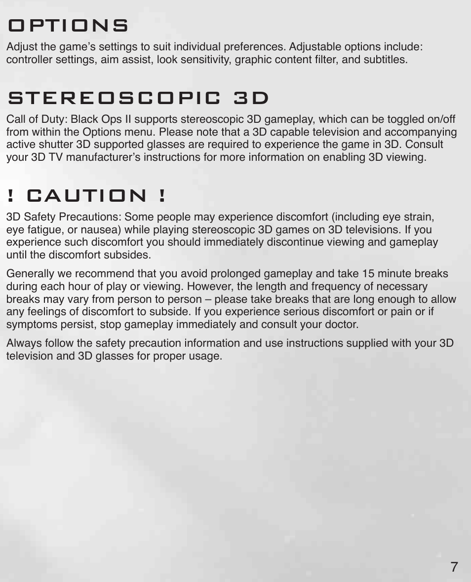 Options, Stereoscopic 3d, Caution | Activision Call of Duty: Black Ops II User Manual | Page 8 / 33
