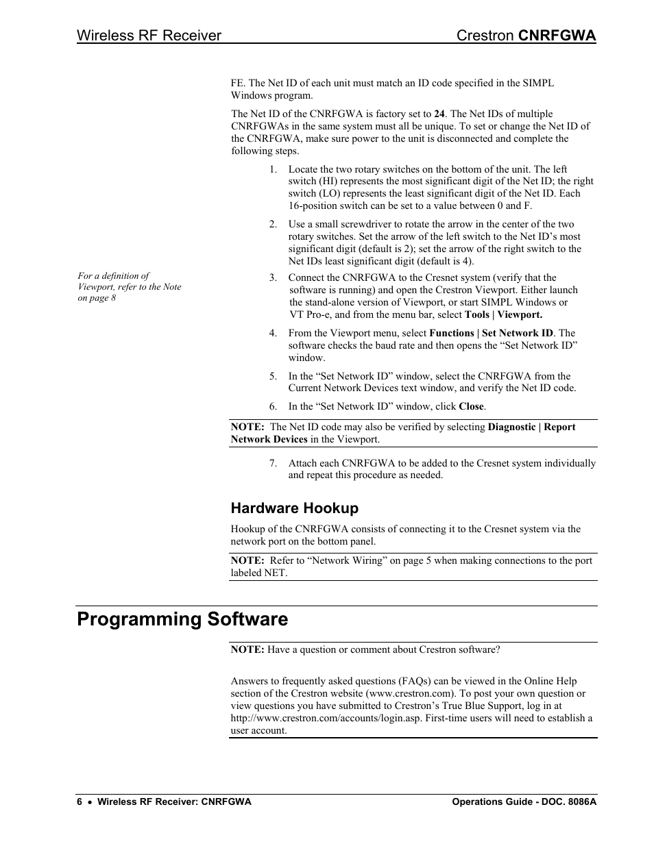 Hardware hookup, Programming software, Wireless rf receiver crestron cnrfgwa | Crestron electronic CNRFGWA User Manual | Page 10 / 20