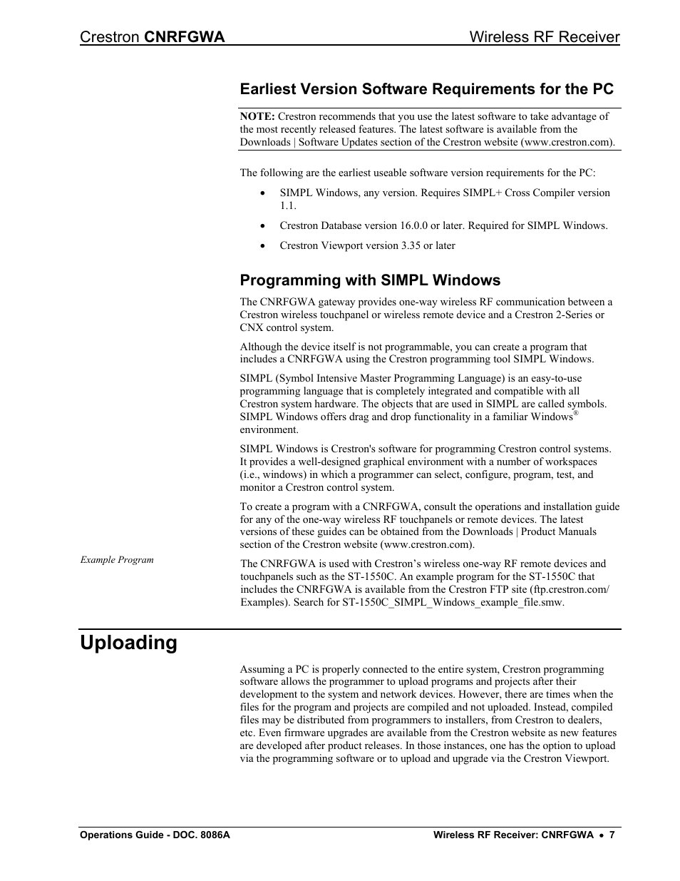 Earliest version software requirements for the pc, Programming with simpl windows, Uploading | Crestron cnrfgwa wireless rf receiver | Crestron electronic CNRFGWA User Manual | Page 11 / 20