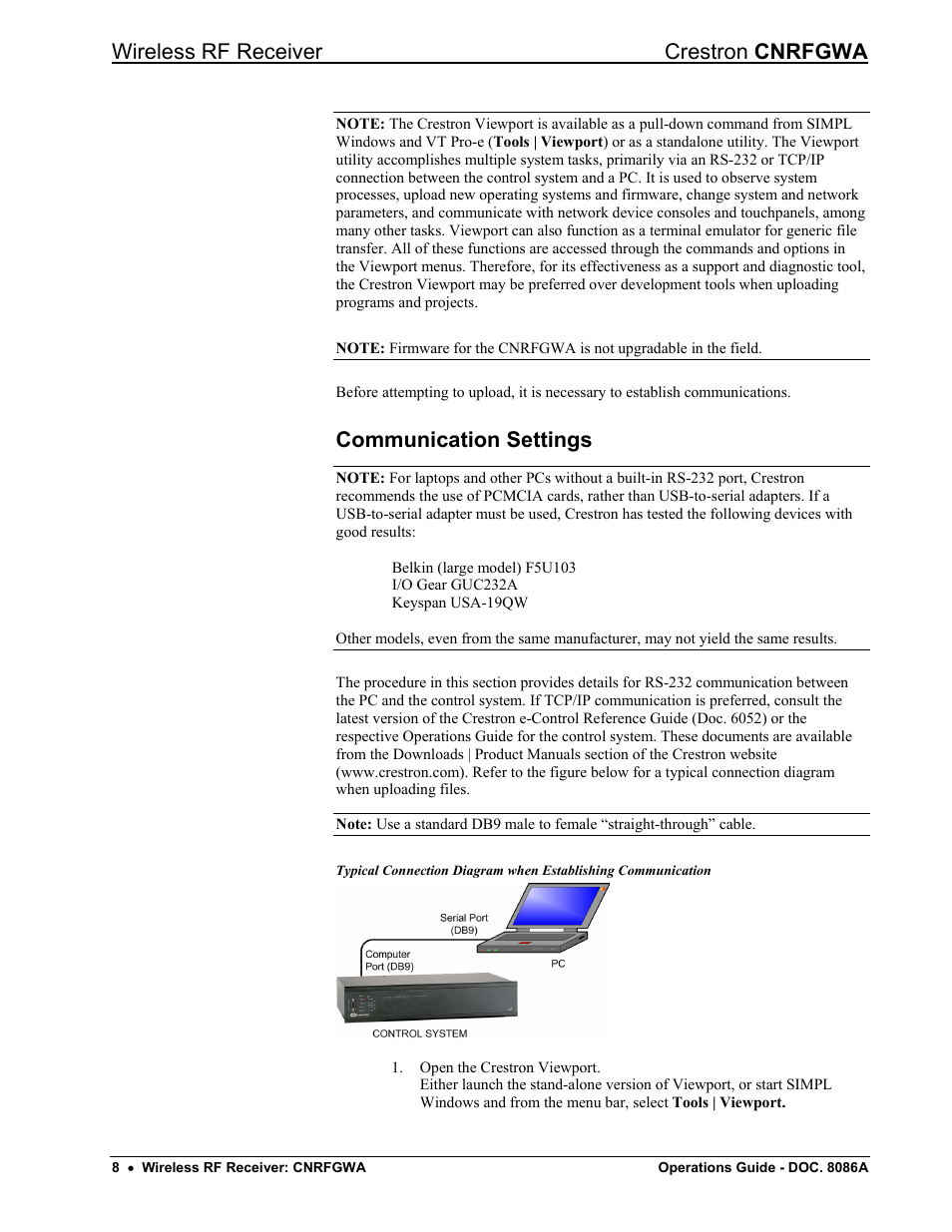 Communication settings, Wireless rf receiver crestron cnrfgwa | Crestron electronic CNRFGWA User Manual | Page 12 / 20