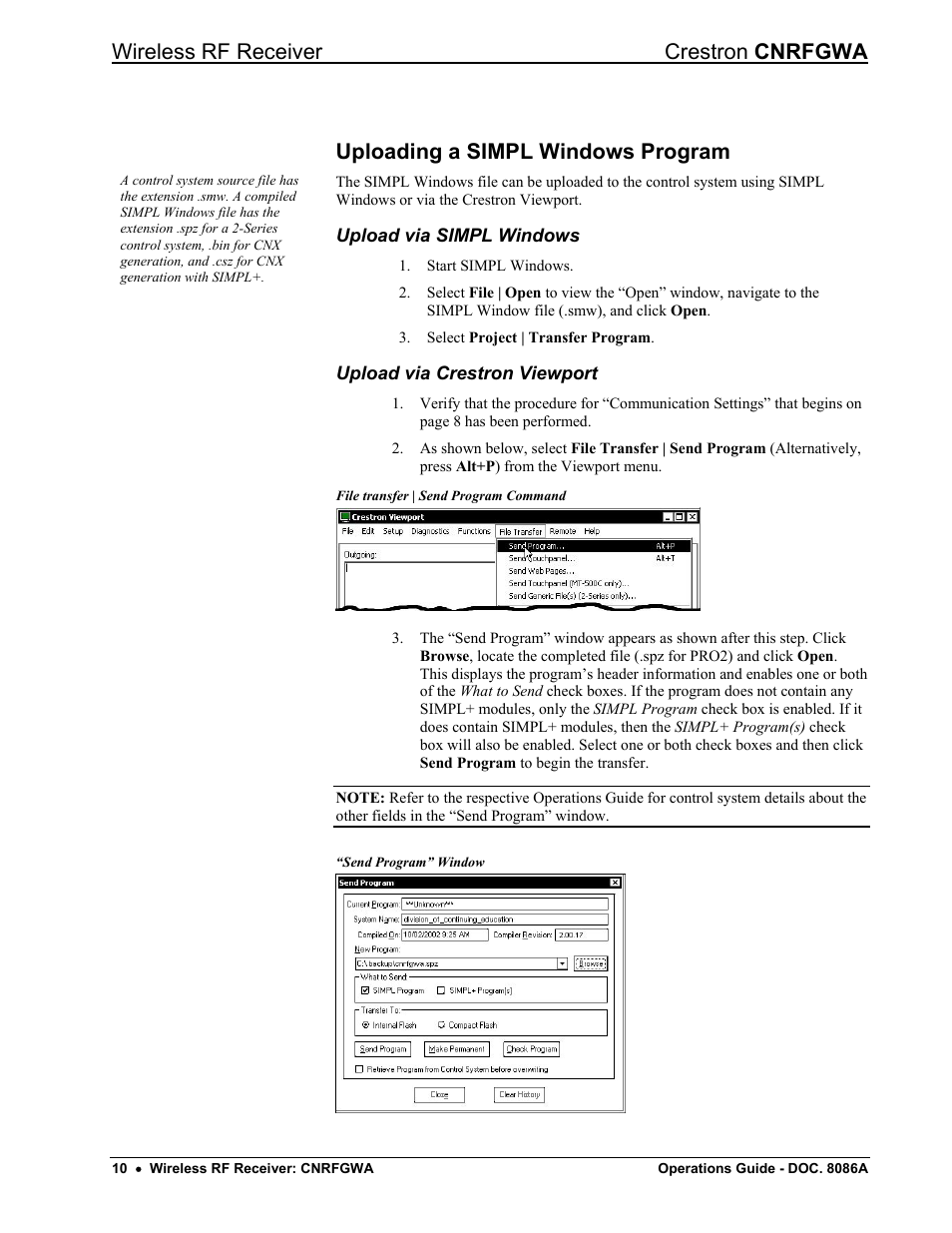 Uploading a simpl windows program, Upload via simpl windows, Upload via crestron viewport | Wireless rf receiver crestron cnrfgwa | Crestron electronic CNRFGWA User Manual | Page 14 / 20