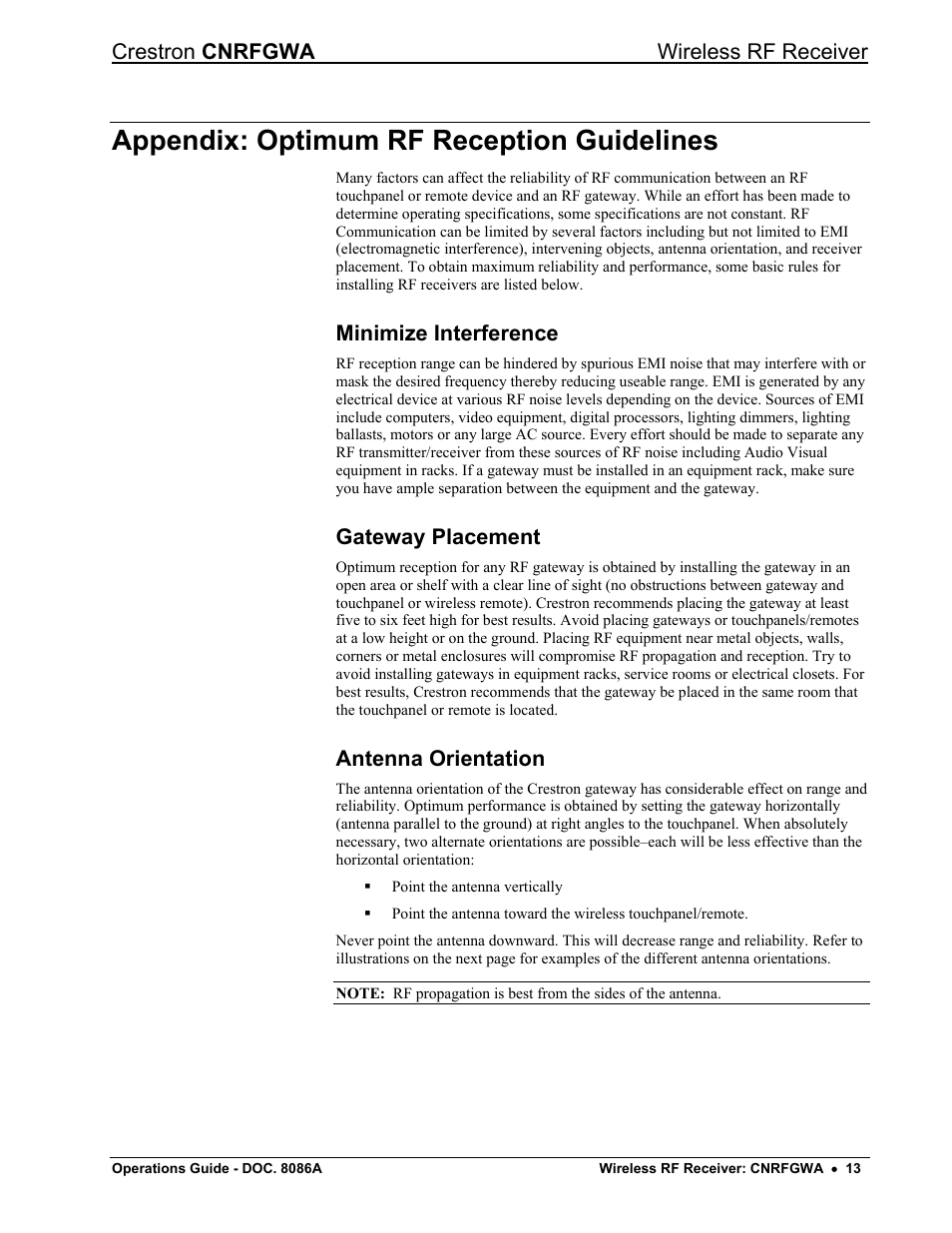 Appendix: optimum rf reception guidelines, Minimize interference, Gateway placement | Antenna orientation | Crestron electronic CNRFGWA User Manual | Page 17 / 20