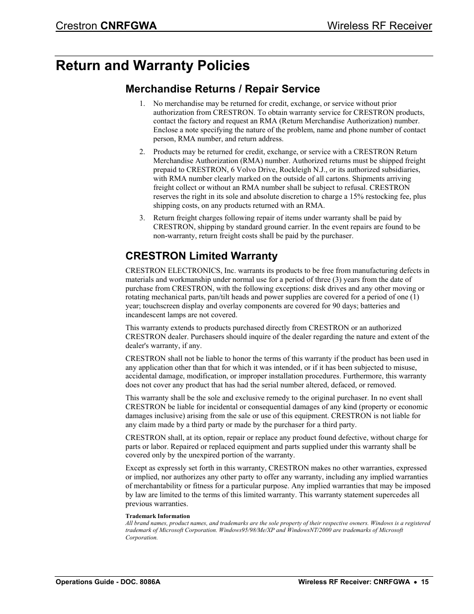 Return and warranty policies, Merchandise returns / repair service, Crestron limited warranty | Crestron cnrfgwa wireless rf receiver | Crestron electronic CNRFGWA User Manual | Page 19 / 20