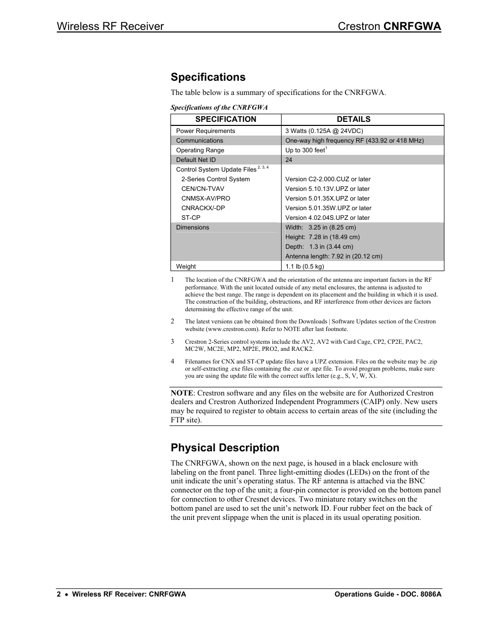 Specifications, Physical description, Wireless rf receiver crestron cnrfgwa | Crestron electronic CNRFGWA User Manual | Page 6 / 20