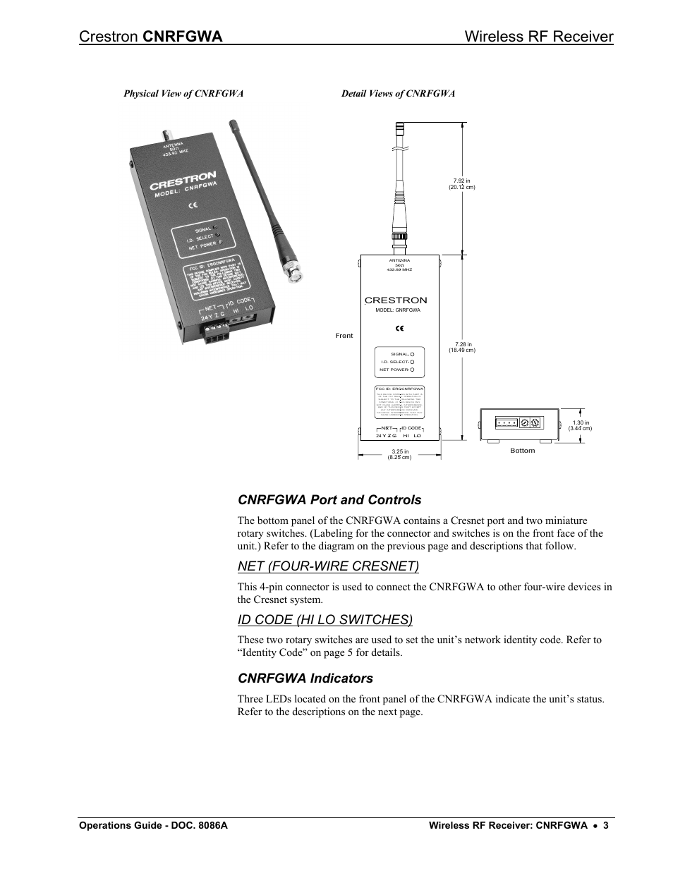 Cnrfgwa port and controls, Cnrfgwa indicators, Crestron cnrfgwa wireless rf receiver | Net (four-wire cresnet), Id code (hi lo switches) | Crestron electronic CNRFGWA User Manual | Page 7 / 20