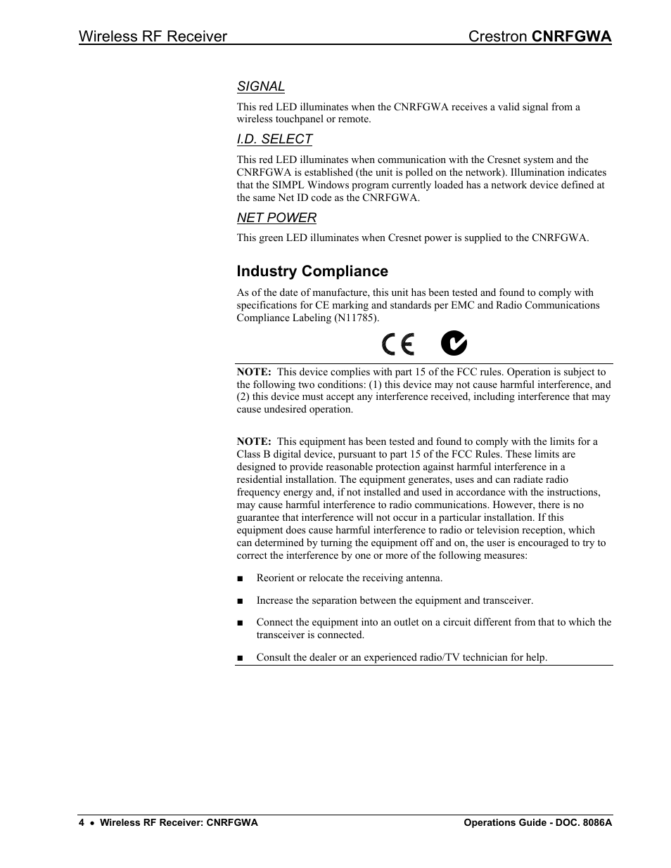 Industry compliance, Wireless rf receiver crestron cnrfgwa | Crestron electronic CNRFGWA User Manual | Page 8 / 20