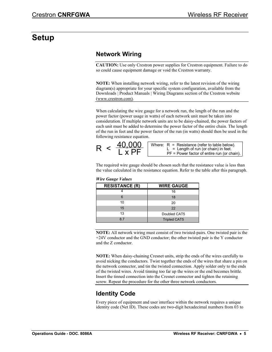 Setup, Network wiring, Identity code | Crestron cnrfgwa wireless rf receiver | Crestron electronic CNRFGWA User Manual | Page 9 / 20