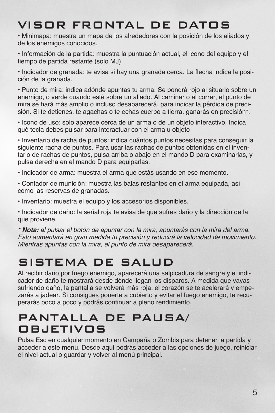 Visor frontal de datos, Sistema de salud, Pantalla de pausa/ objetivos | Activision Call of Duty: Black Ops II User Manual | Page 6 / 27