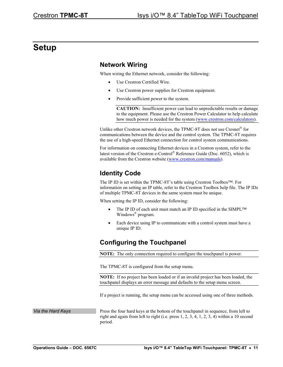 Setup, Network wiring, Identity code | Configuring the touchpanel | Crestron electronic TPMC-8T User Manual | Page 15 / 82