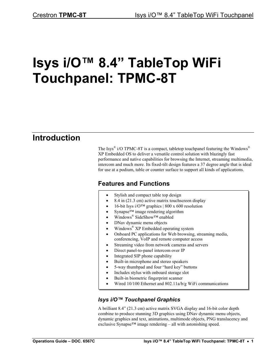Isys i/o™ 8.4” tabletop wifi touchpanel: tpmc-8t, Introduction, Features and functions | Crestron electronic TPMC-8T User Manual | Page 5 / 82