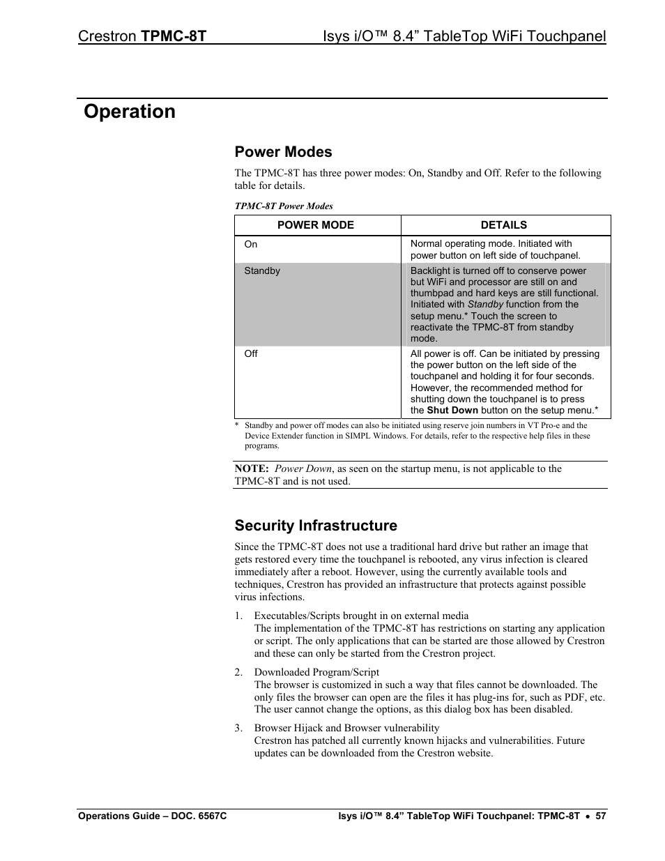 Operation, Power modes, Security infrastructure | Crestron electronic TPMC-8T User Manual | Page 61 / 82