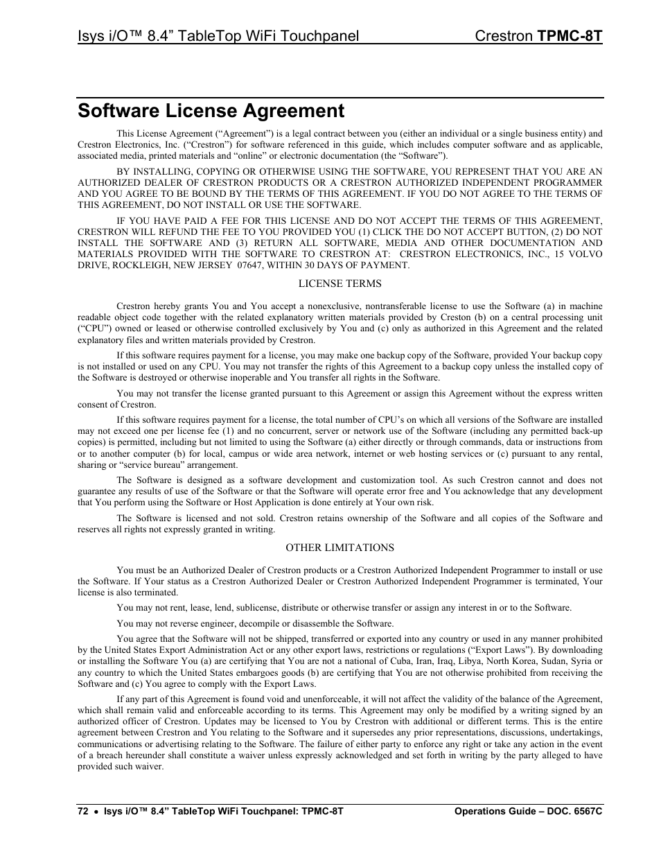 Software license agreement | Crestron electronic TPMC-8T User Manual | Page 76 / 82