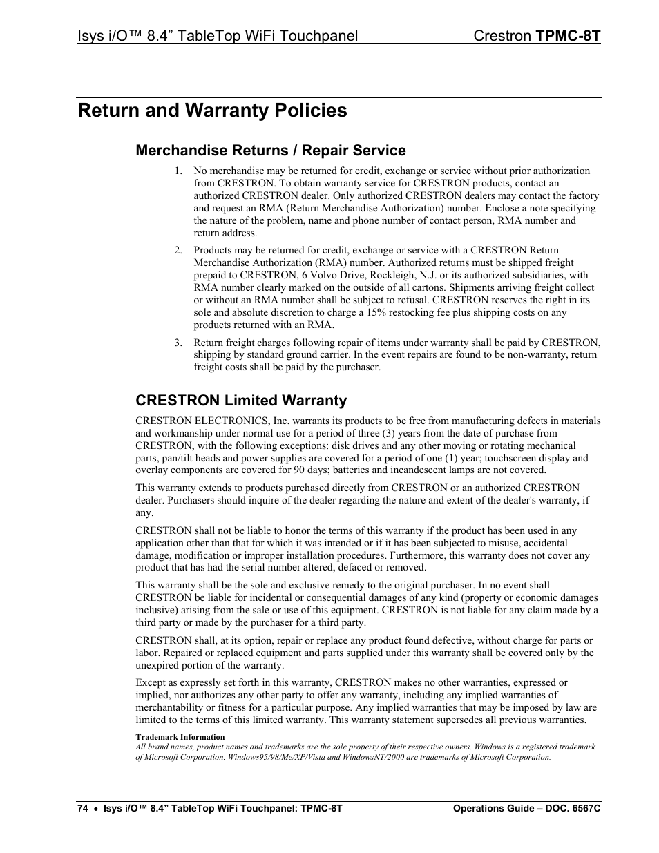 Return and warranty policies, Merchandise returns / repair service, Crestron limited warranty | Crestron electronic TPMC-8T User Manual | Page 78 / 82