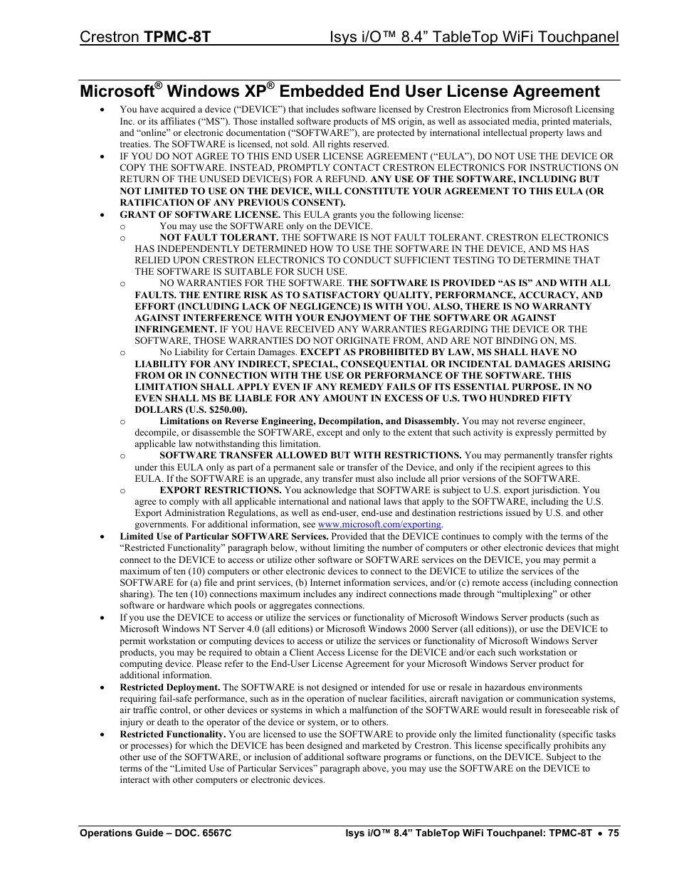 Microsoft® windows xp® embedded end user license, Microsoft, Windows xp | Embedded end user license agreement | Crestron electronic TPMC-8T User Manual | Page 79 / 82