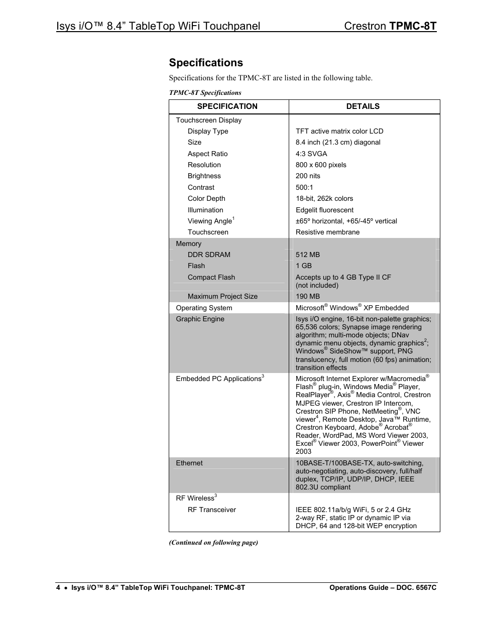 Specifications | Crestron electronic TPMC-8T User Manual | Page 8 / 82