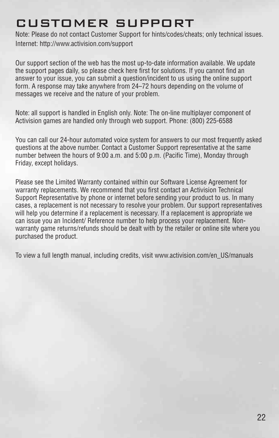 Customer support | Activision Call of Duty: Black Ops II User Manual | Page 22 / 24