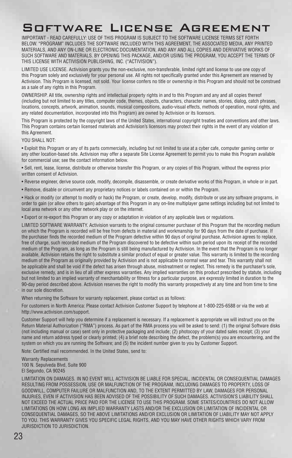 Software license agreement, Video game | Activision Call of Duty: Black Ops II User Manual | Page 23 / 24