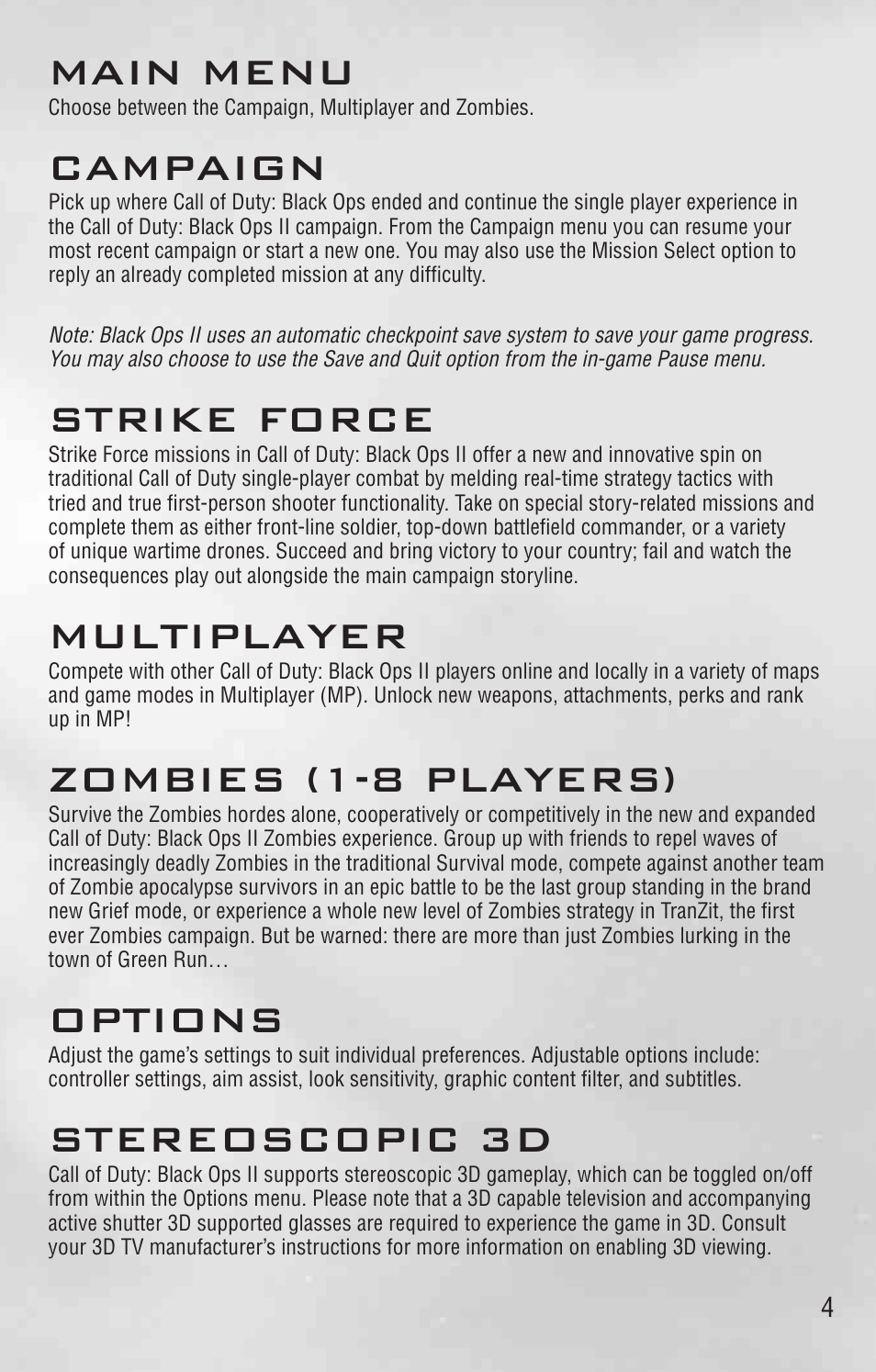 Main menu, Campaign, Strike force | Multiplayer, Zombies (1-8 players), Options, Stereoscopic 3d | Activision Call of Duty: Black Ops II User Manual | Page 4 / 24