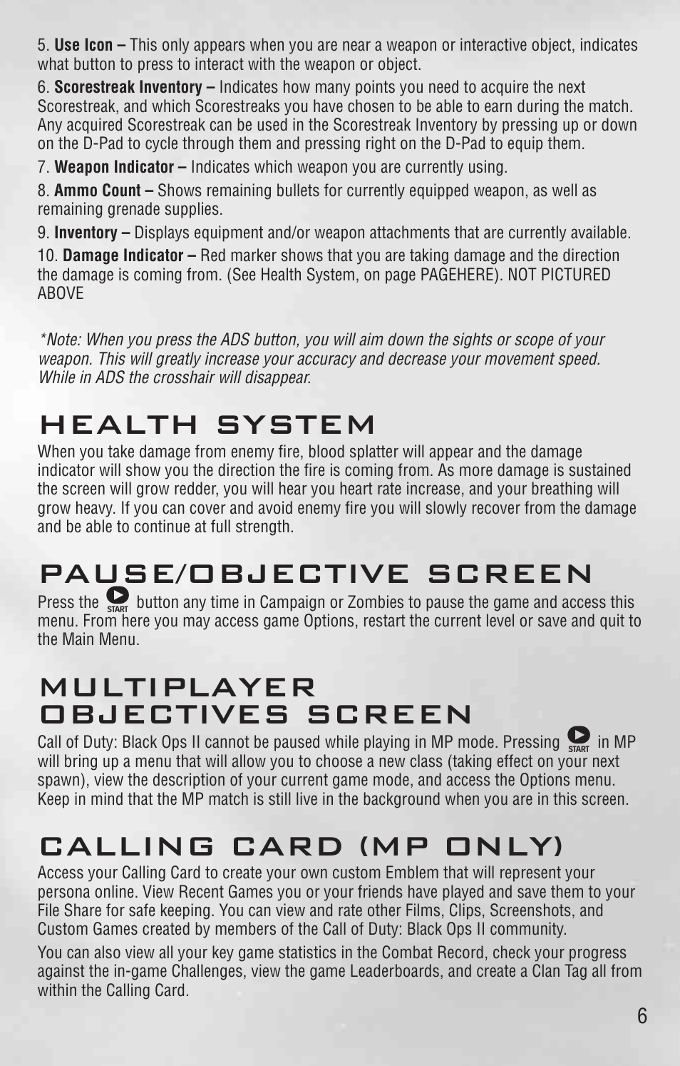 Health system, Pause/objective screen, Multiplayer objectives screen | Calling card (mp only) | Activision Call of Duty: Black Ops II User Manual | Page 6 / 24