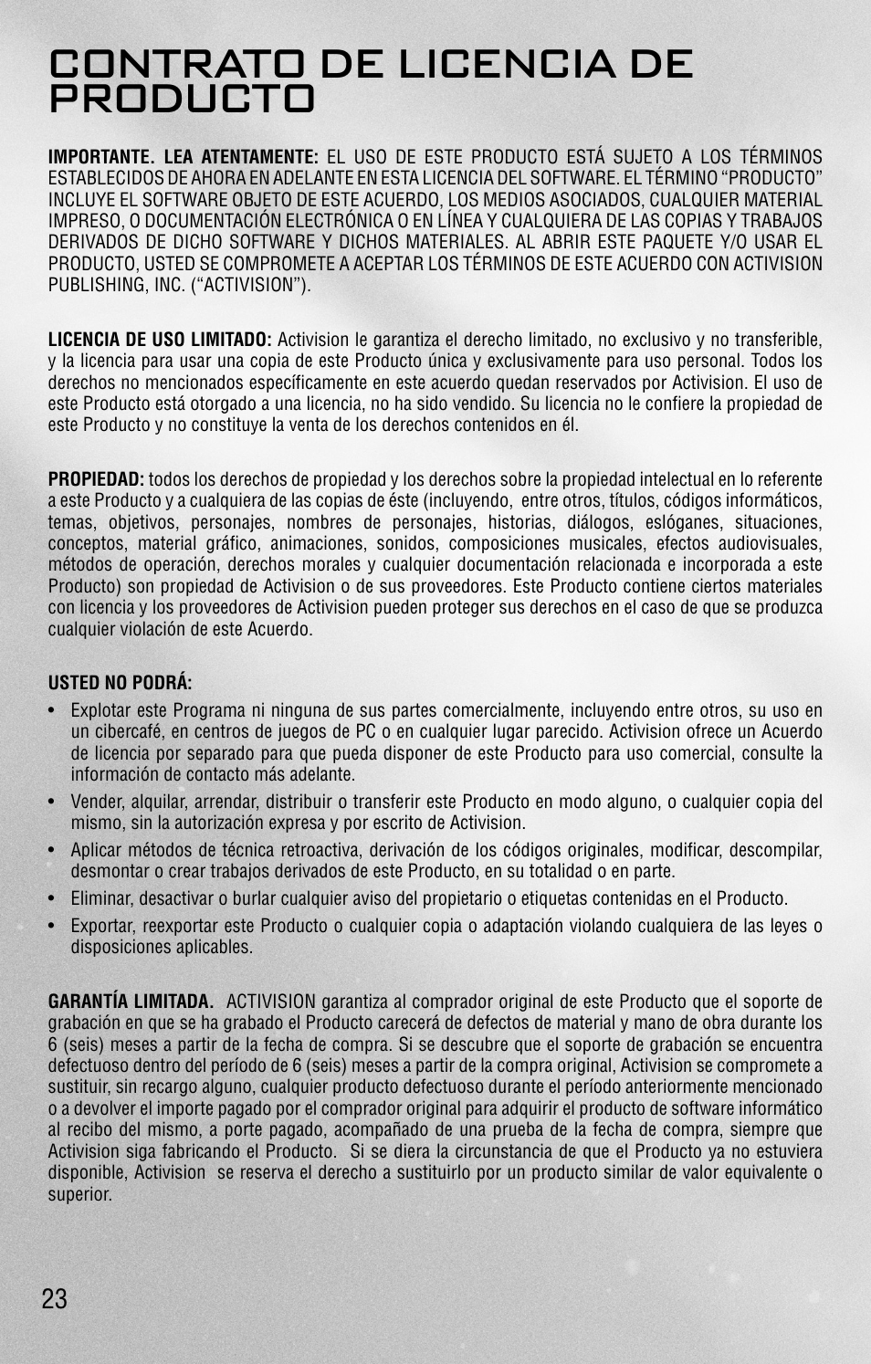 Contrato de licencia de producto | Activision Call of Duty: Black Ops II User Manual | Page 23 / 25